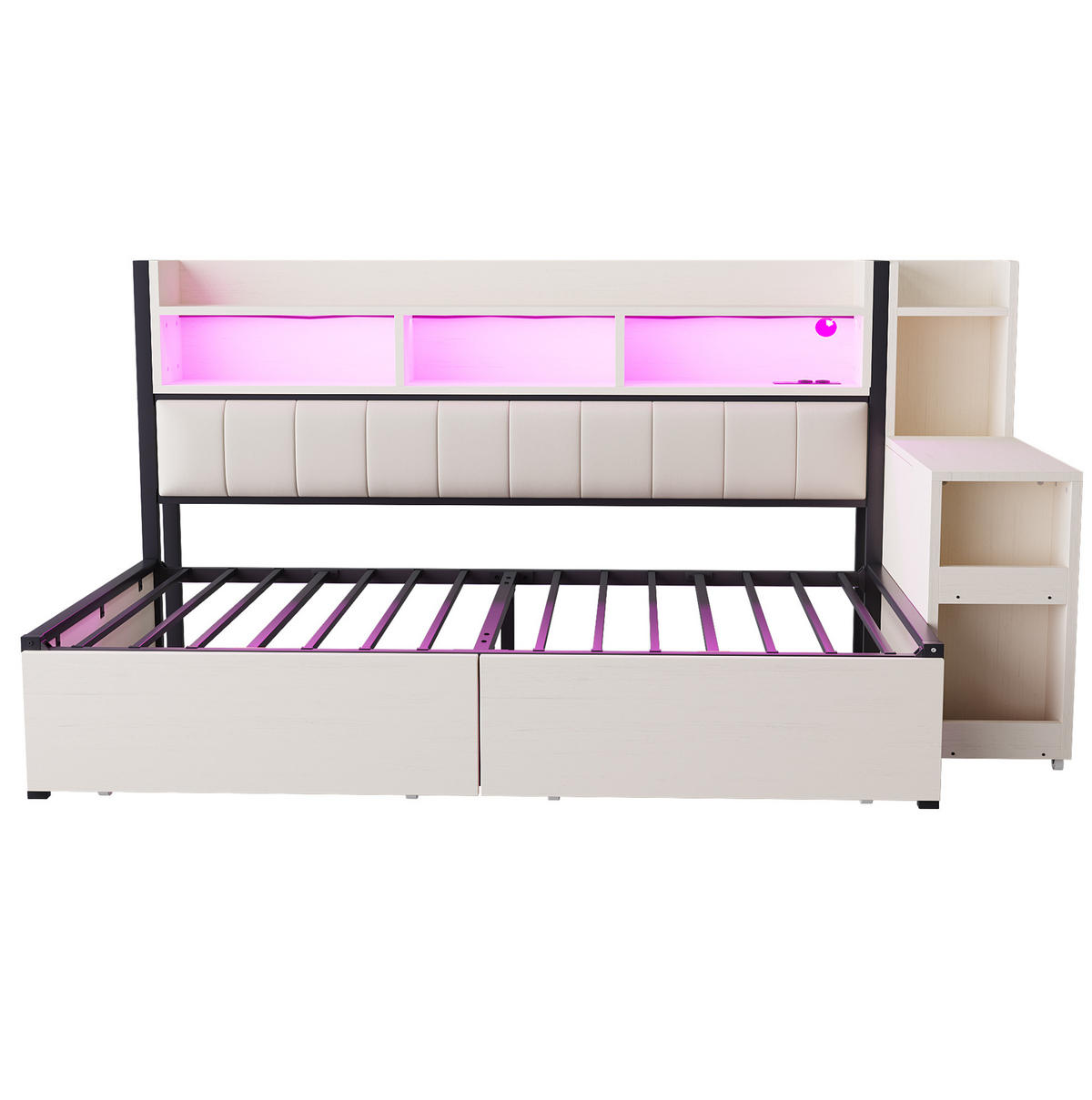 MULTIFUNKTIONSBETT aus Metall und Holz 90x200 cm Weiß/Holzfarbe mit Schreibtisch, Steckdosen, LED und viel Stauraum - Weiß, Metall (90/200cm) - Modfu