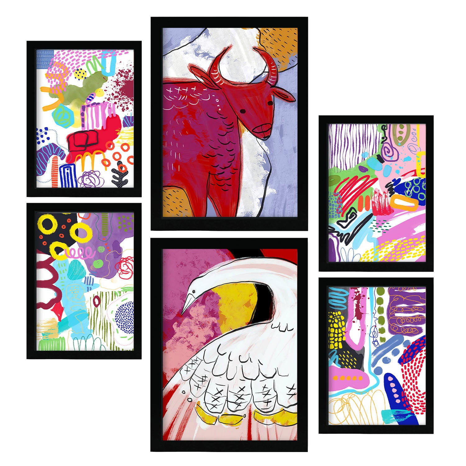 POSTER Set Mit 6 Auffällt 2 In Tiere Zusammenfassungen A3 & A4 Schwarzer Rahmen - Schwarz, Papier (29/3cm) - Nacnic