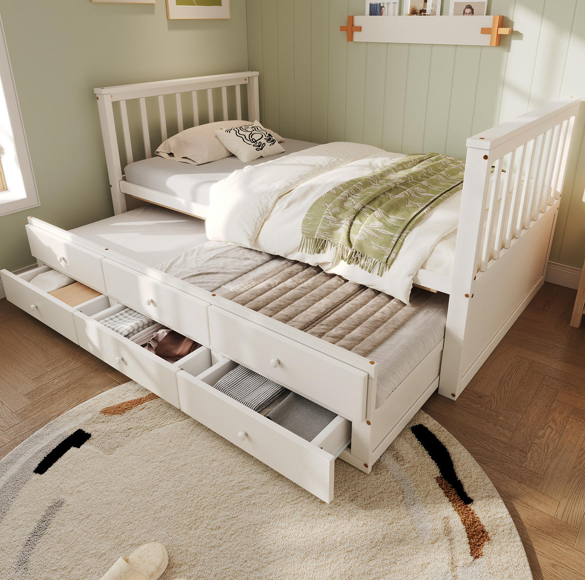 KINDERBETT 90/200 cm aus Kiefer mit Ausziehbett und 3 Schubladen Weiß - Weiß, Holzwerkstoff (90/200cm) - Modenvie