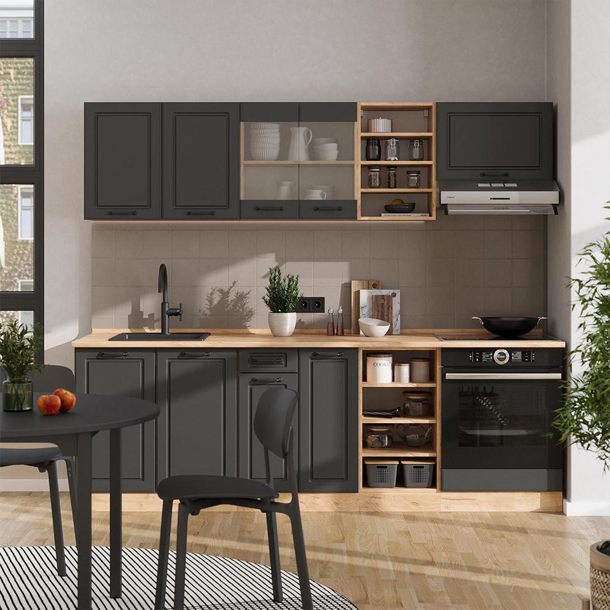 KUHINJSKI BLOK R-Line Antracitna podeželska hiša/zlati hrast 240 cm , DP Antracit - medeni hrast/antracit, leseni material (240/206.8/60cm) - Vicco
