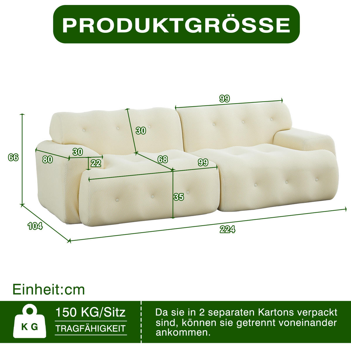 2-SITZER-SOFA aus Stoff 224x104x66 cm Beige montagefrei mit breiten Armlehnen und tiefem Sitzkomfort - Beige, Textil (224/66/104cm) - Modfu