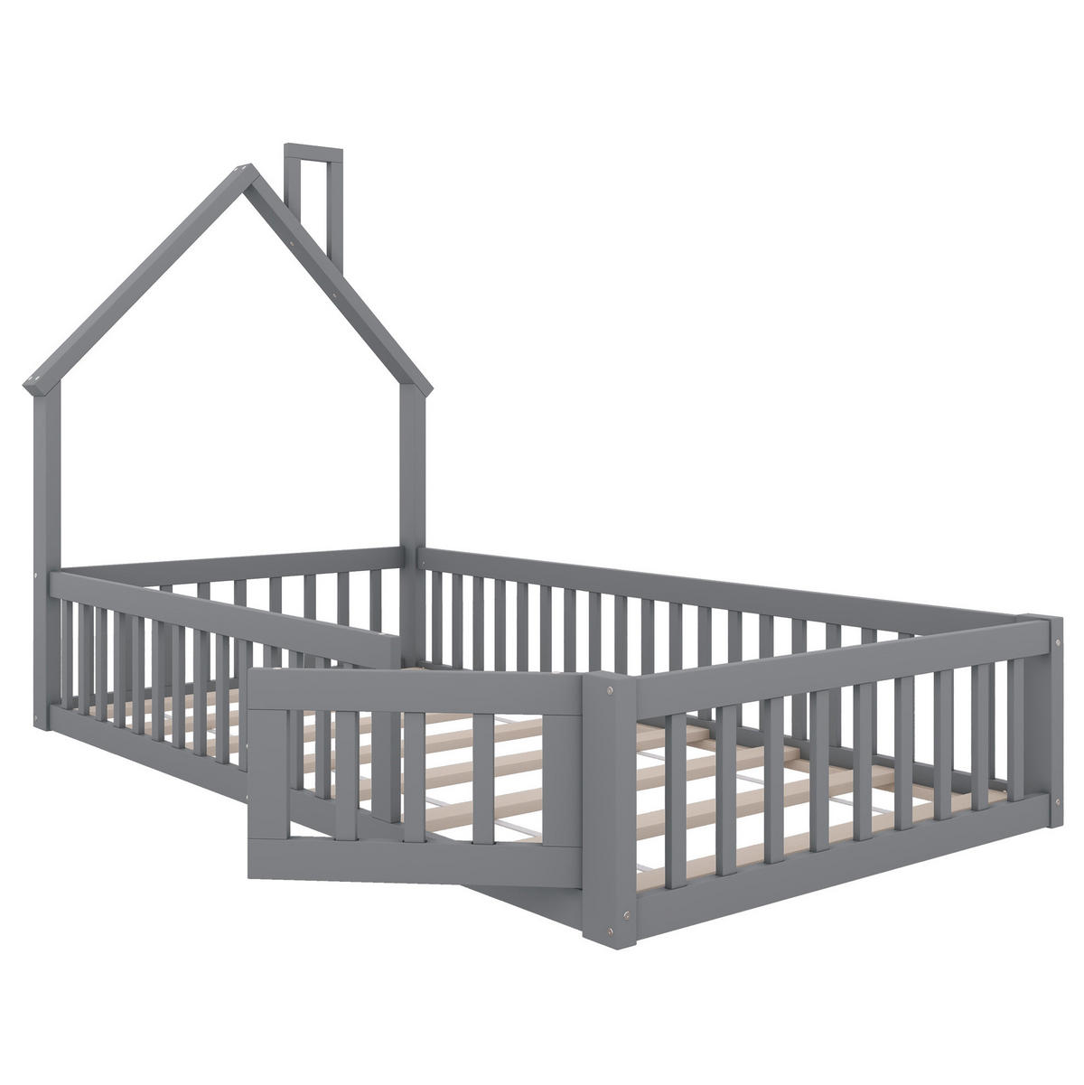 KINDERBETT in Hausform mit Rausfallschutz 90x200 cm Grau - Grau, Holzwerkstoff (90/200cm) - Beauniv