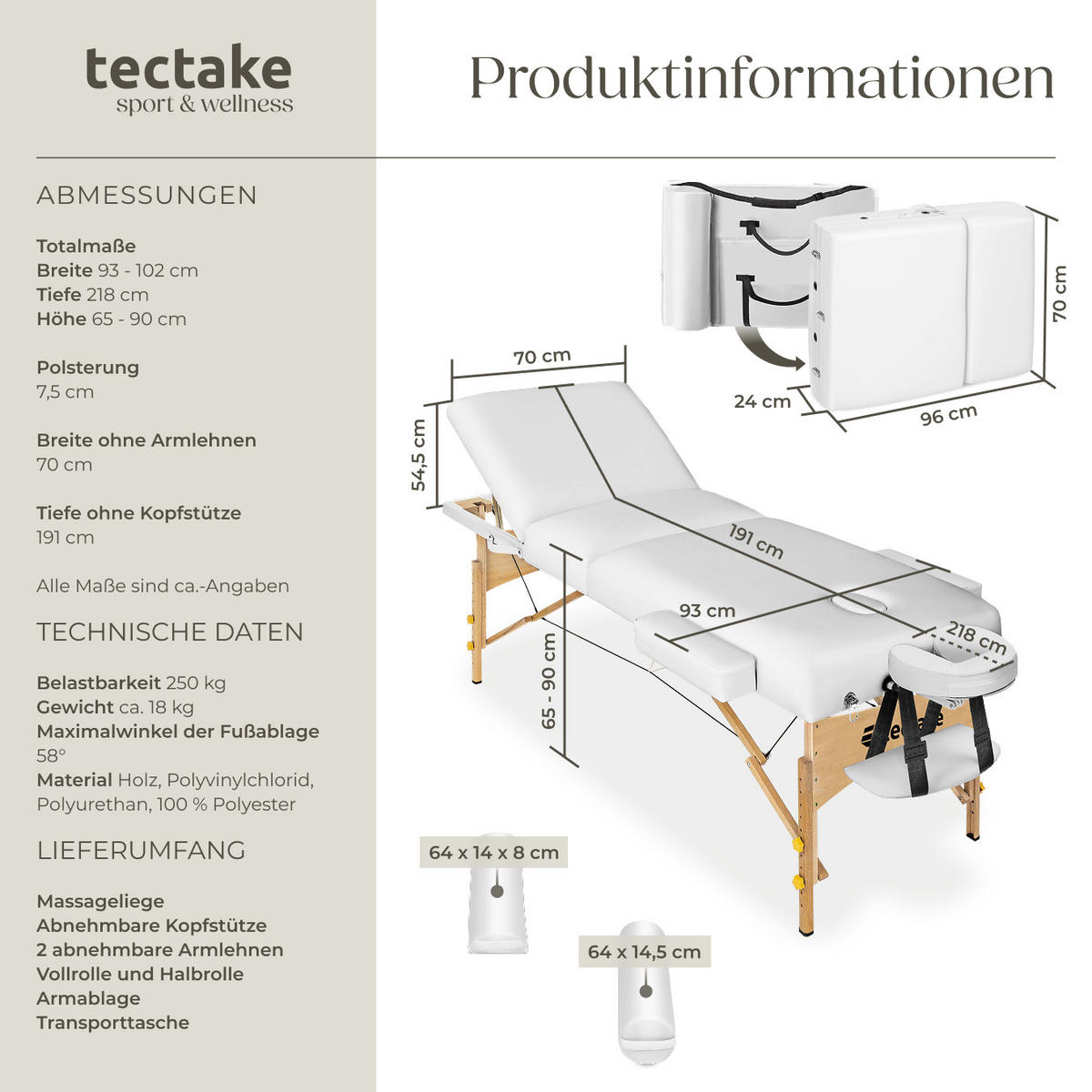 MASSAGELIEGE-SET 3 Zonen Somwang,218 x 102 x 90 cm,weiß - Weiß, Textil (108/90/218cm) - tectake