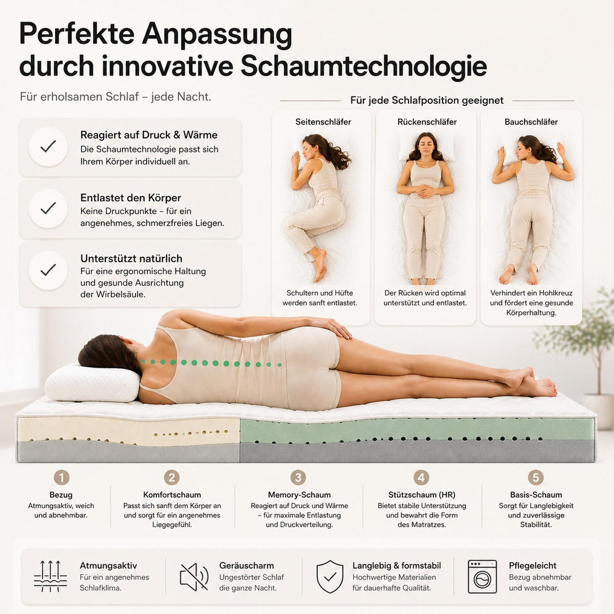 SCHAUMMATRATZE Nicole mit Massageschicht, 100x200 cm, Höhe 10 cm, H3, Aloe Vera - Weiß, Textil (100/200cm) - Marpur