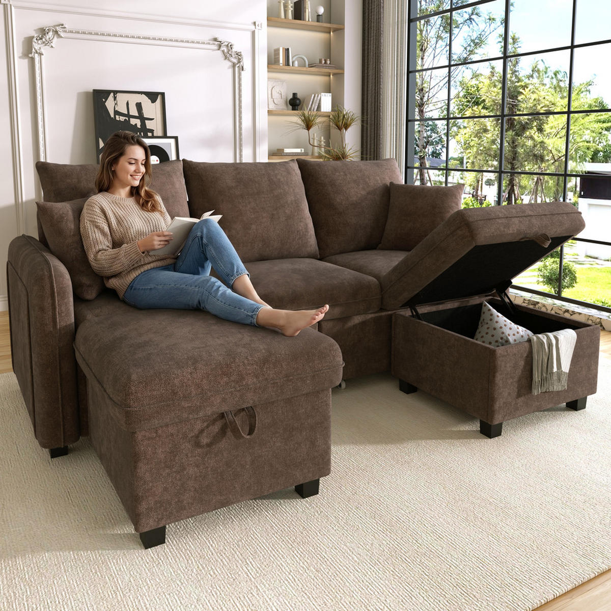 ECKSOFA 188x186cm Schlaffunktion Stauraum Modular - Braun, Textil (186/188cm) - Raelunyi