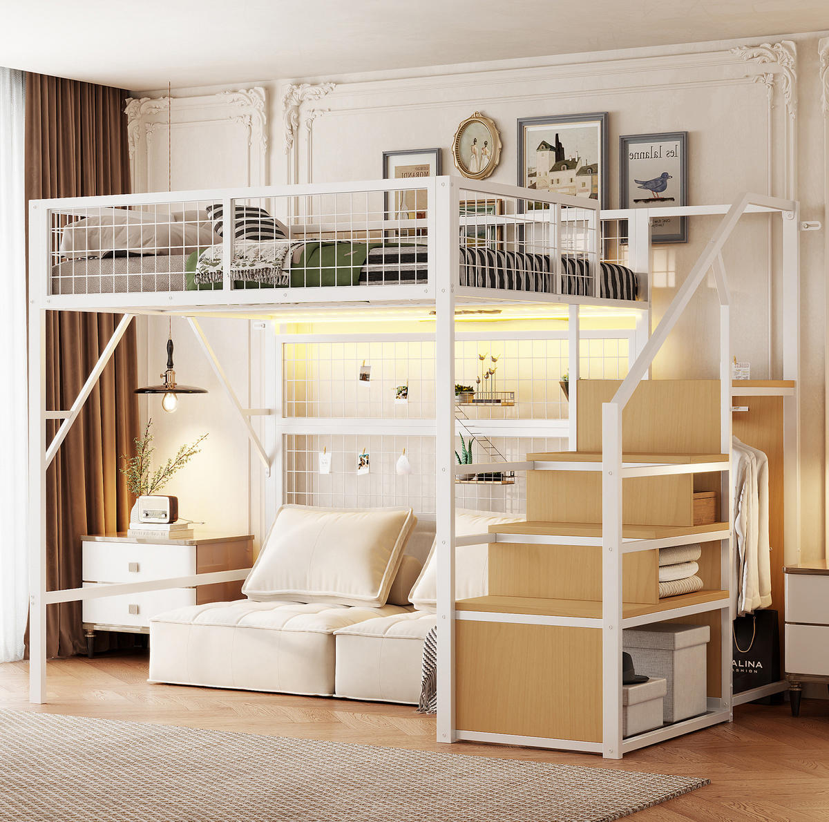 HOCHBETT 140/200 cm in Weiß – mit Stauraumtreppe und offenem Kleiderschrank - Weiß, Metall (140/200cm) - BEAOK