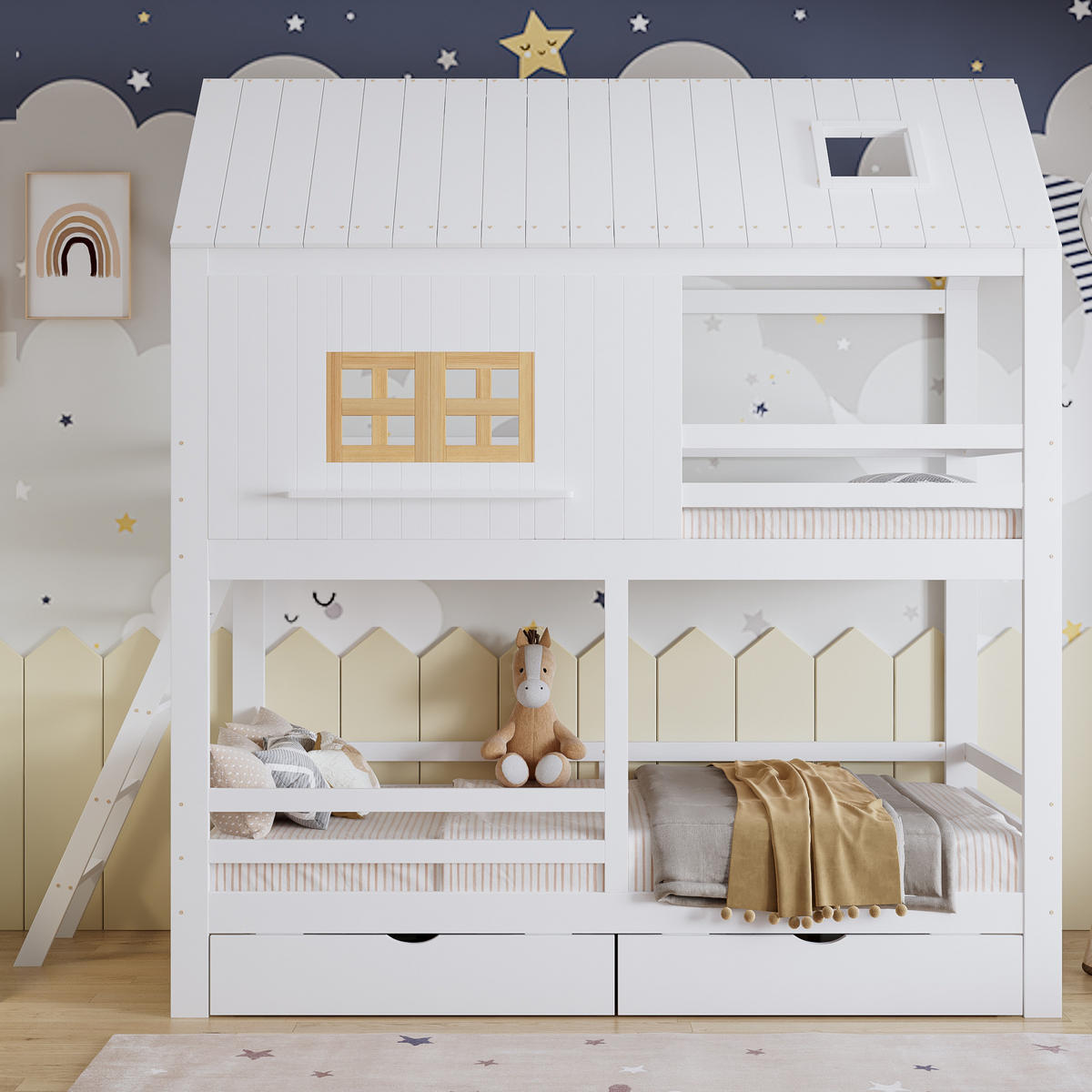 ETAGENBETT 90/200 cm aus Kiefer und MDF mit Dach, Fenstern, Leiter und 2 Schubladen, Weiß/Natur - Weiß, Holz (90/200cm) - Redom