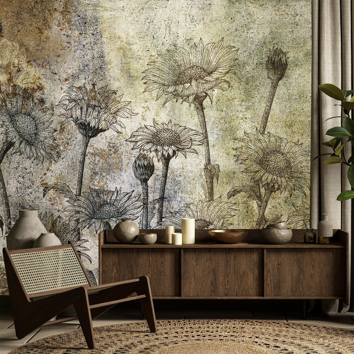 FOTOTAPETE Abstrakte Sonnenblumen Beton Retro 500x350 - Beige/Braun, Papier (500/350cm) - Muralo