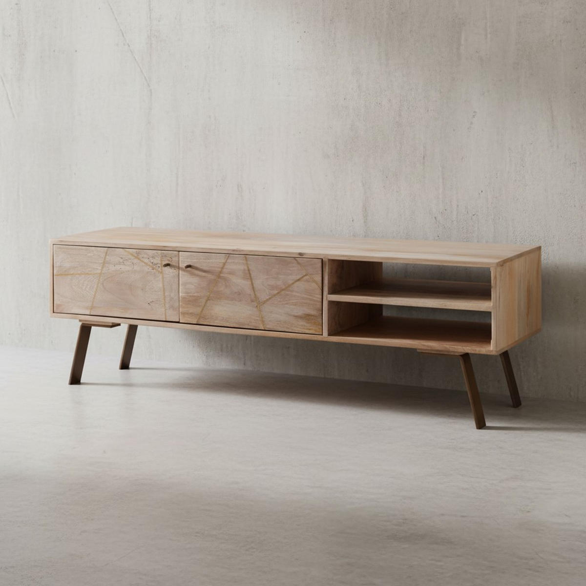 LOWBOARD Mango Massivholz Metall Landhausstil Modell Garda für Fernseher bis 55 Zoll - Goldfarben/Braun, Holz/Metall (145/47/35cm) - KADIMA DESIGN