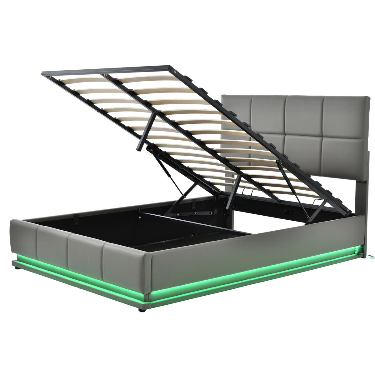 POLSTERBETT 140/200 cm mit LED-Beleuchtung, hydraulischem Bettkasten und Kunstlederbezug, Grau - Grau, Textil (140/200cm) - Redom