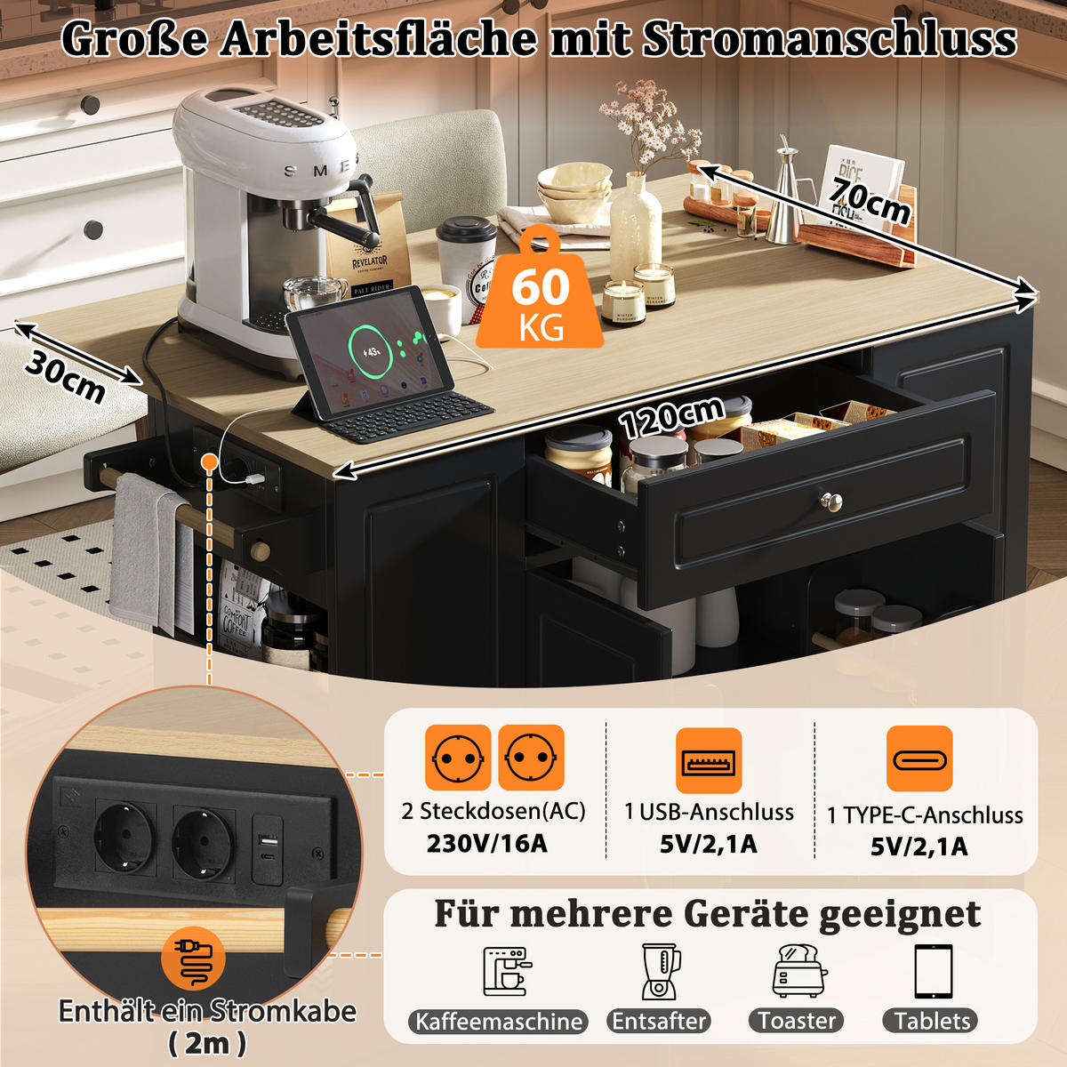 KÜCHENINSEL 131,8/40-70/93,3 cm Schwarz mit ausziehbarer Arbeitsplatte, Steckdose und Mülleimerfach - Schwarz, Holz/Holzwerkstoff (131.8/93.3/40cm) - Oxeza