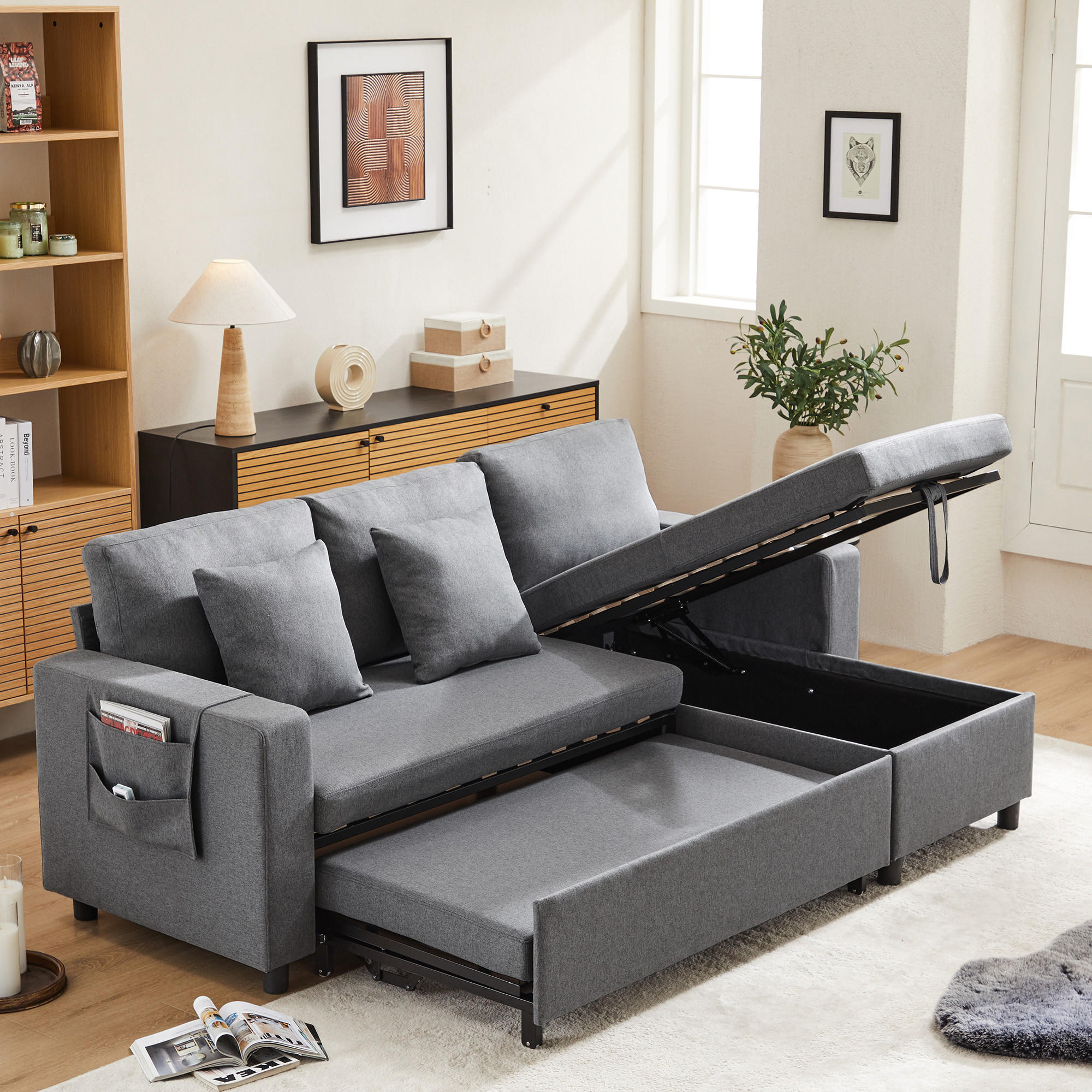 Thumbnail - Redom Eckschlafsofa, Dunkelgrau, Textil, 142.5x83 cm, Wohnzimmer, Sofas & Couches, Wohnlandschaften, Ecksofas
