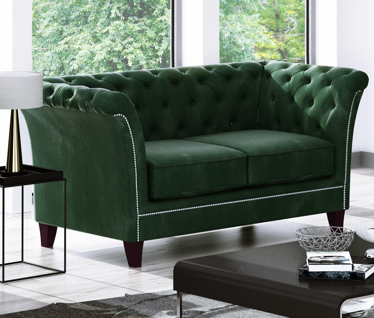CHESTERFIELD-SOFA 2-Sitzer Fusion Grün Samt - Smaragdgrün/Braun, Holz/Textil (175/75/82cm) - S-Style Möbel