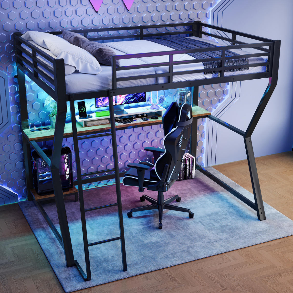 HOCHBETT 90x200cm Schwarz LED-Licht Computerablage Schreibtisch USB - Schwarz, Metall (90/200cm) - FLIEKS