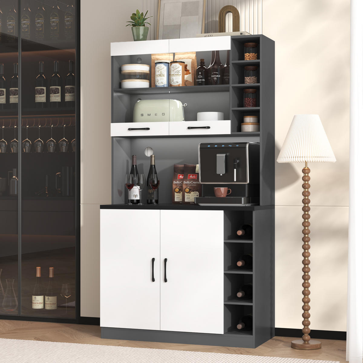 BUFFET 100/47/187 cm Grau mit LED-Ambiente-Beleuchtung und Ablagefächer - Grau, Holz (100/187/47cm) - Oxeza