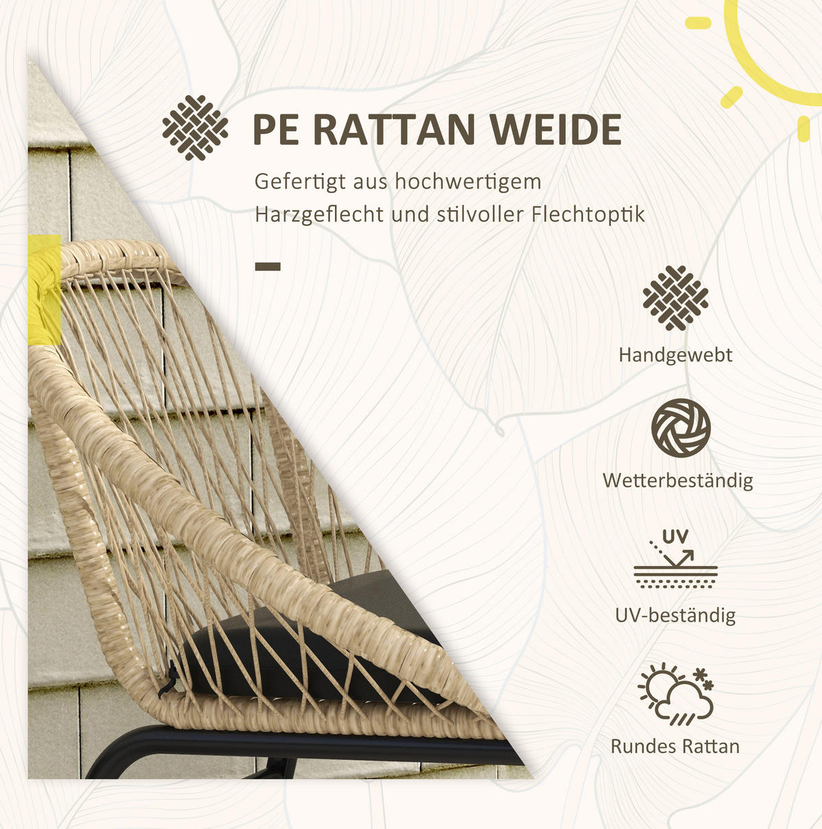 BALKONSET Ø40×45cm Rattan mit Kissen und Tisch Stahlplatte - Gelb, Naturmaterialien - Modfu