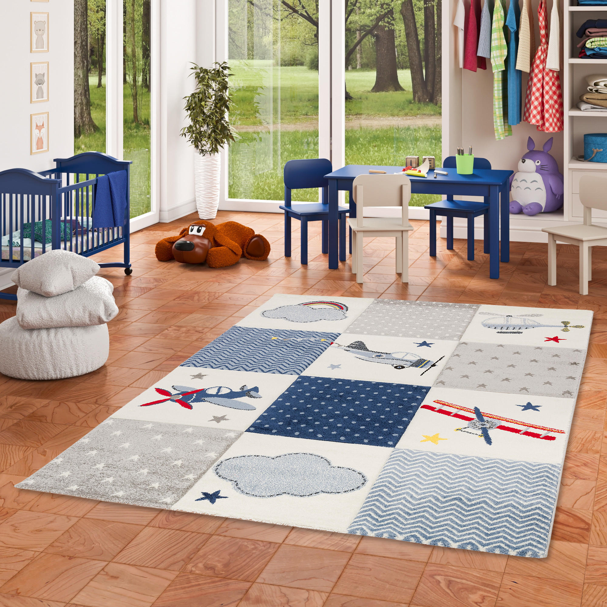KINDER TEPPICH MAUI KIDS KARO PLANES - Blau, Textil (80/160cm) - Pergamon