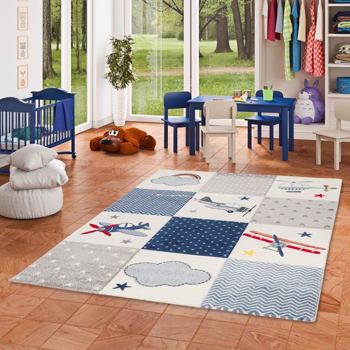 KINDER TEPPICH MAUI KIDS KARO PLANES - Blau, Textil (140/200cm) - Pergamon