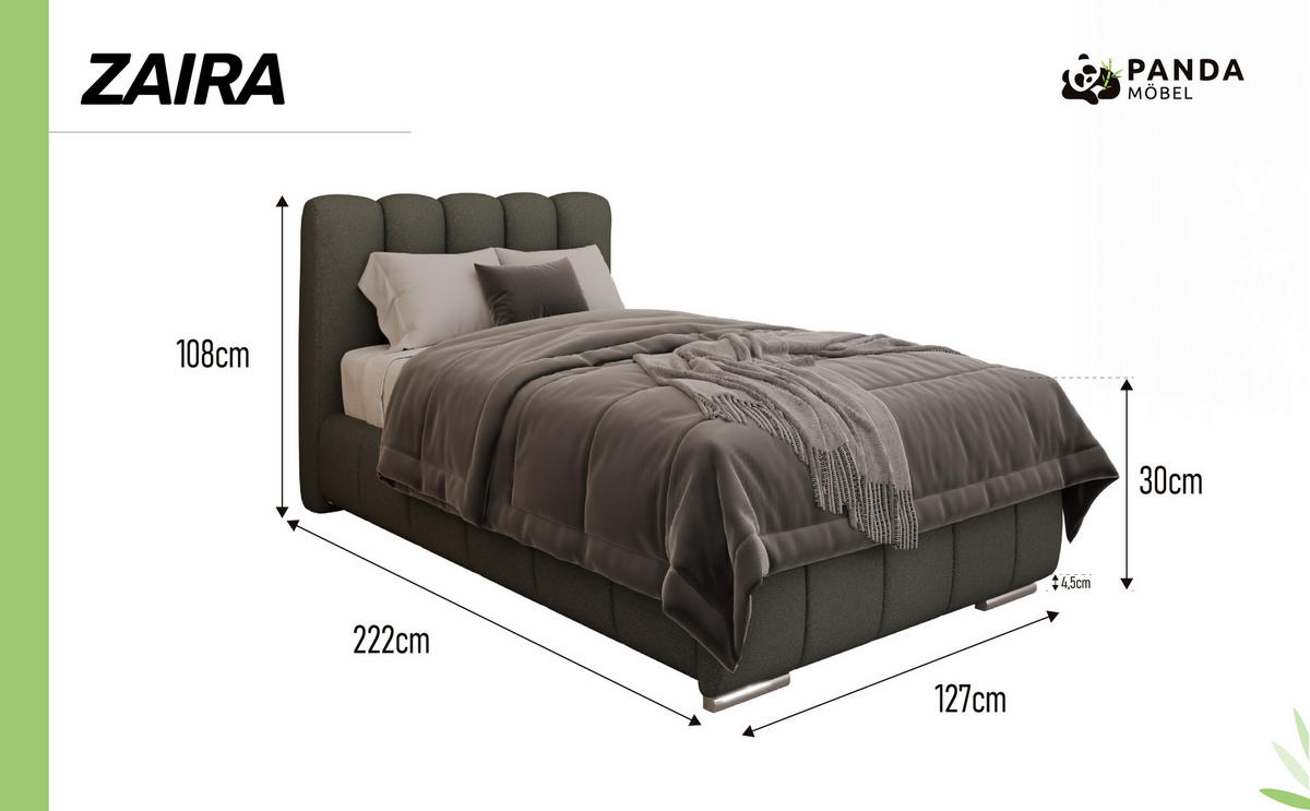 POLSTERBETT Zaira 100x200cm – Elegantes Polsterbett für modernen Wohnstil , Taschenfederkernmatratze Pocket (19cm), grau - Grau, Holz (100/200cm) - Panda Möbel