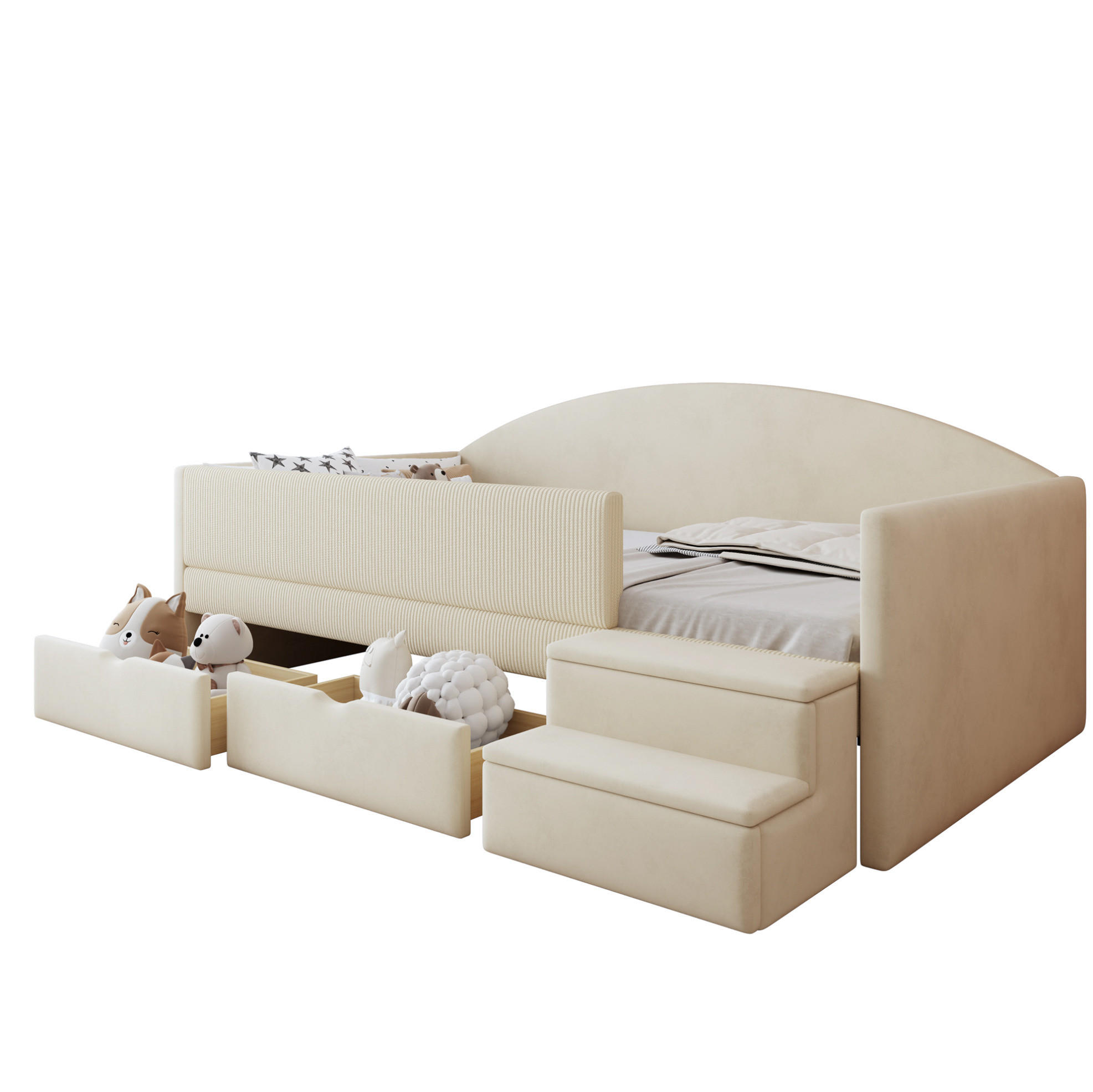 KINDER-POLSTERBETT 90/190 cm aus Samt mit 2 Schubladen und Schutzbügel Beige - Beige, Textil (90/190cm) - Modenvie