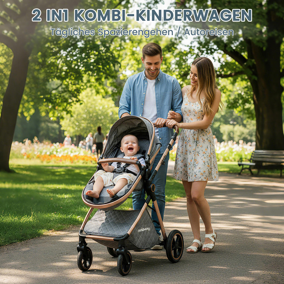 BUGGY Kombikinderwagen 2-in-1 klappbar mit wendbarem Sitz und All-Terrain Federung - Grau, Metall (80/62/106cm) - Raelunyi