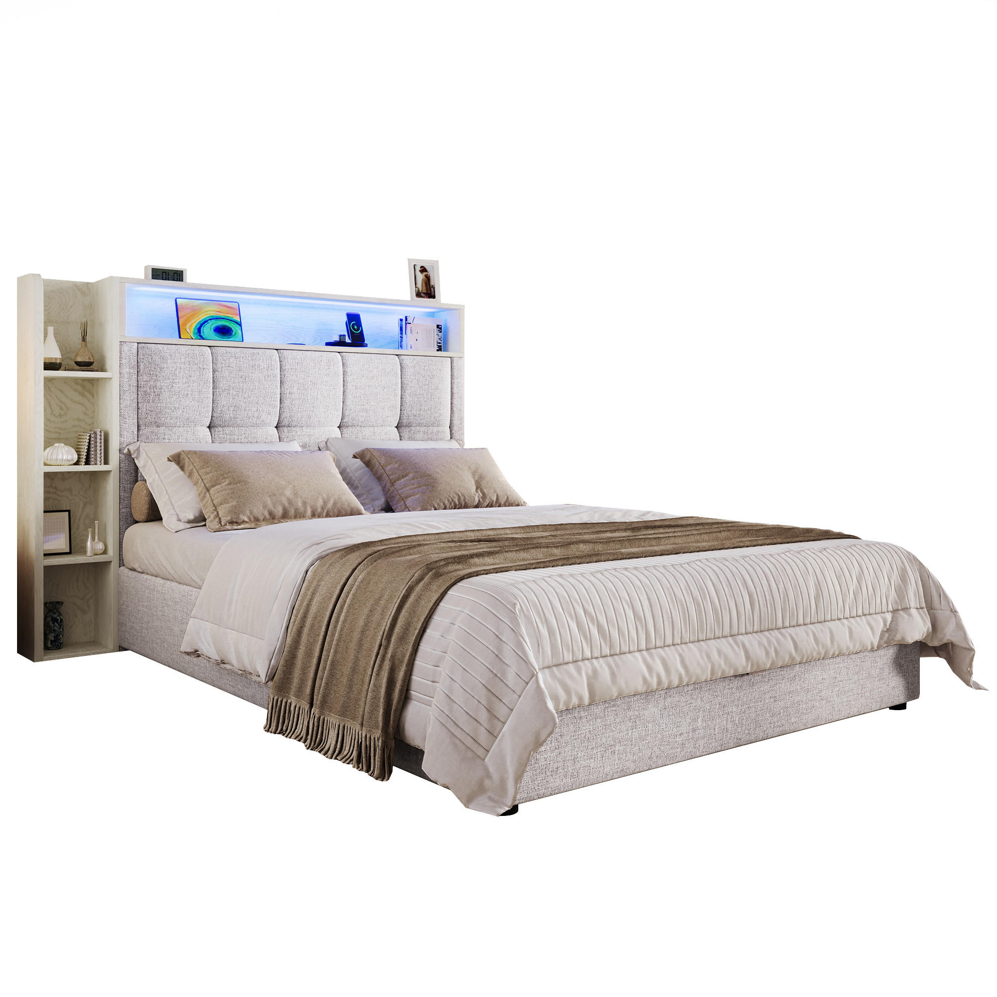 POLSTERBETT mit Stauraum, USB und LED 90x200 cm Leinen Beige - Beige, Metall (90/200cm) - Meubliv