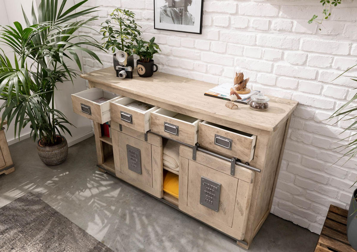 SIDEBOARD Mango 150x45x90 whitewash lackiert RAILWAY #320 - Beige, Holz (150/90/45cm) - Massivmoebel24