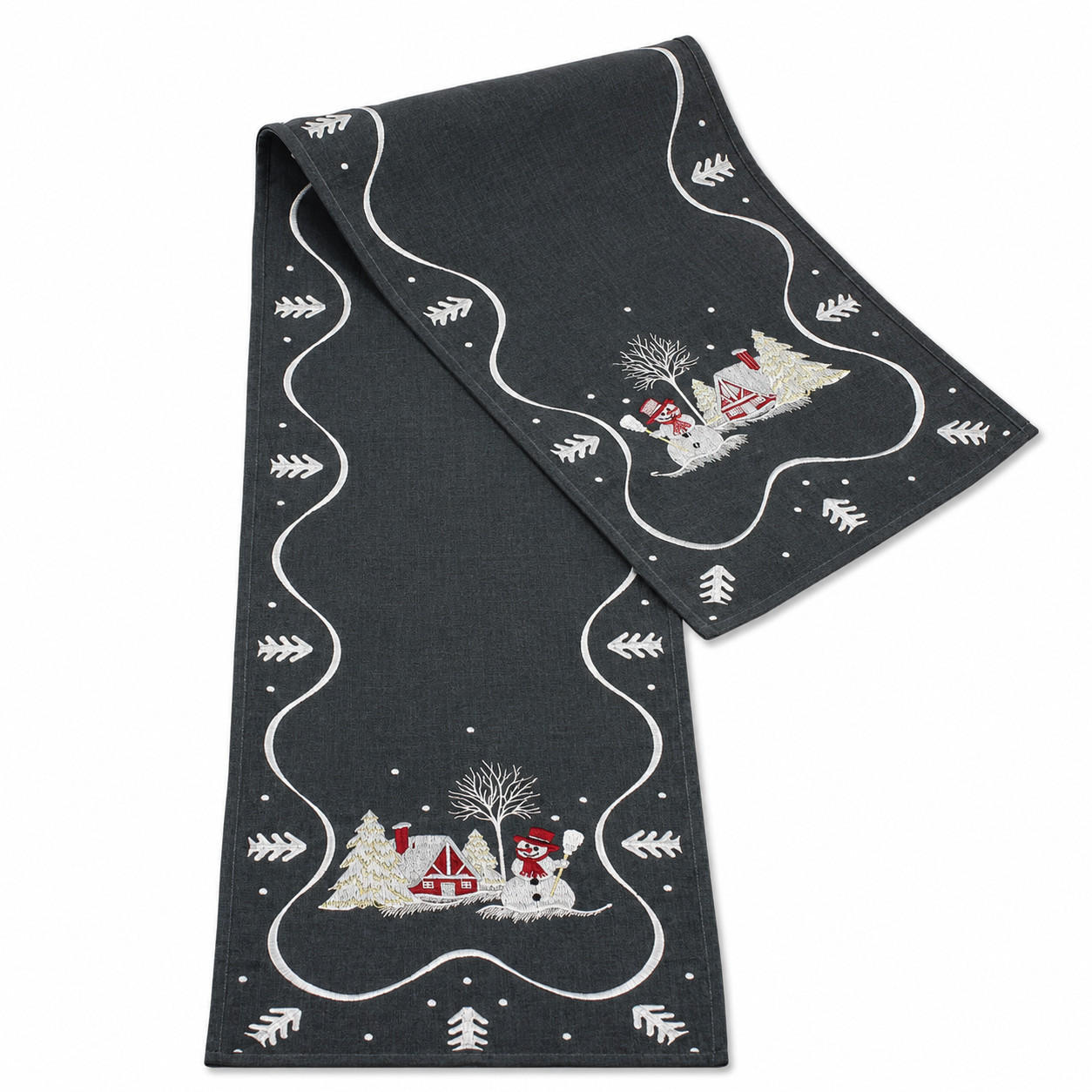 TISCHLÄUFER Weihnachten 35/170 cm Schneemann Stickerei Leinenoptik - Anthrazit/Weiß, Textil (35/170cm) - TiborTex