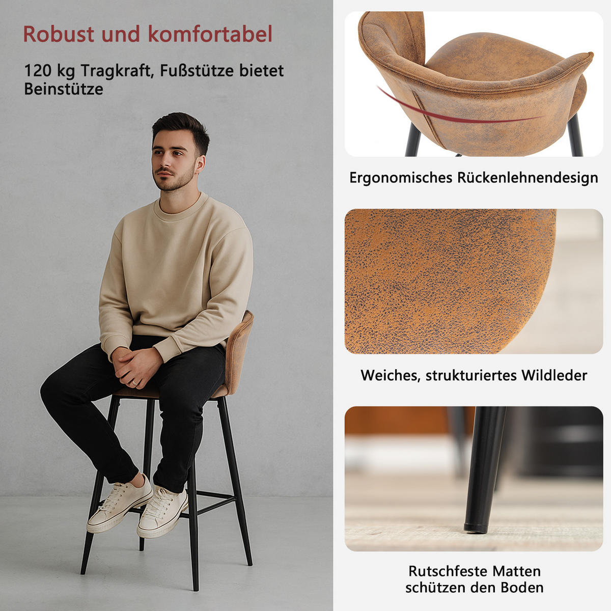 BARHOCKER 2er-Set, Sitzhöhe 72 cm, gepolstert, Bezug in Wildlederoptik, Braun - Schwarz/Braun, Textil/Metall (46.2/97/49.5cm) - Meubles Cosy
