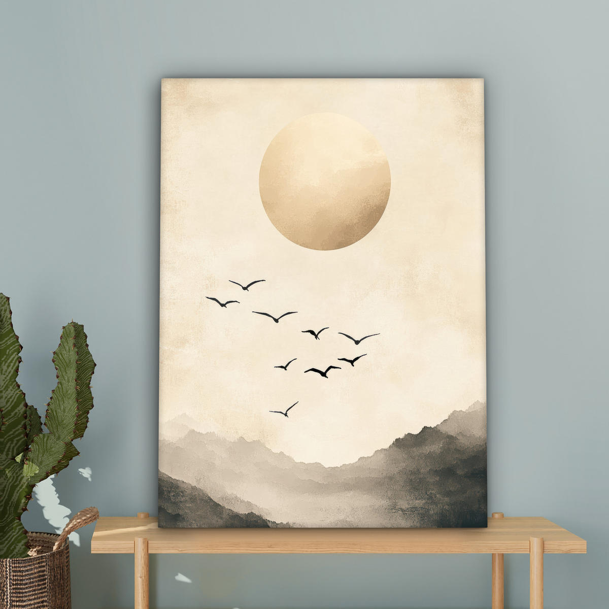 LEINWANDBILD Landschaft - Japandi - Vogel 60x80 cm - Beige, Textil (60/80cm) - MuchoWow