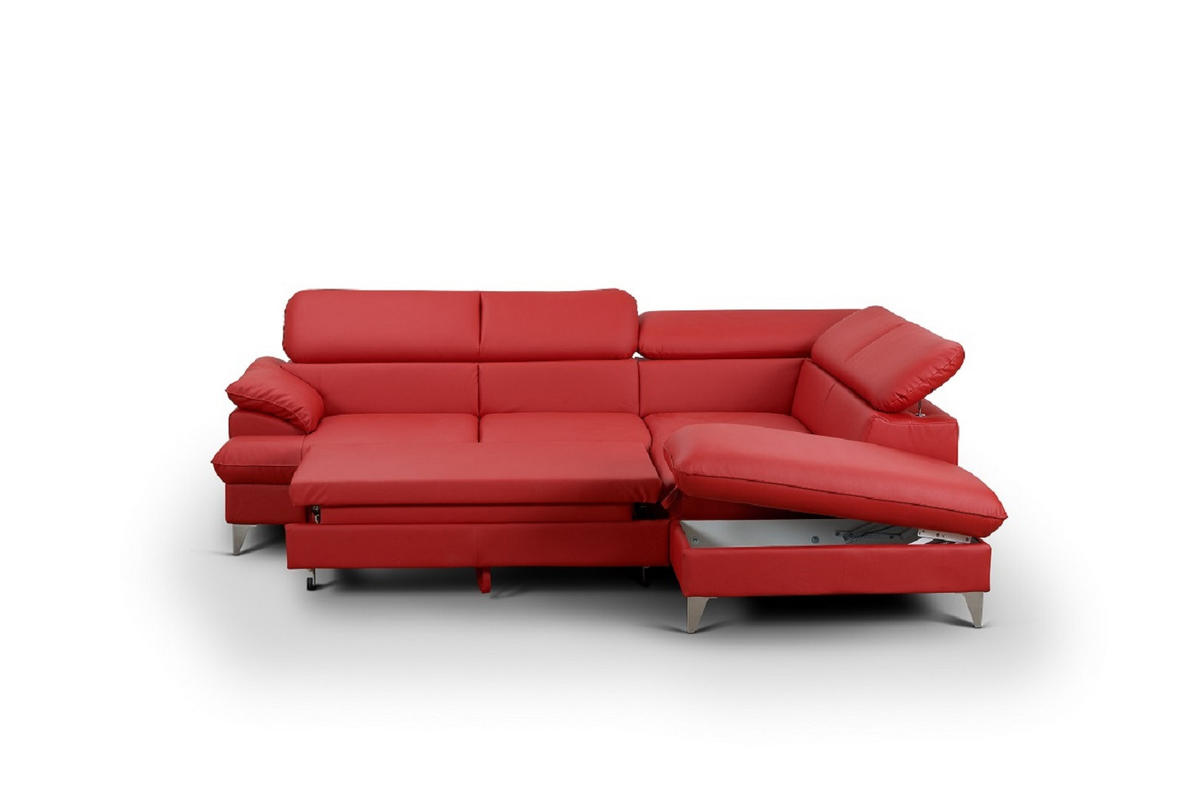 ECKSOFA mit Schlaffunktion und Bettkasten, verstellbare Kopfstützen - Chromfarben/Rot, Textil/Metall (208/256cm) - Cotta