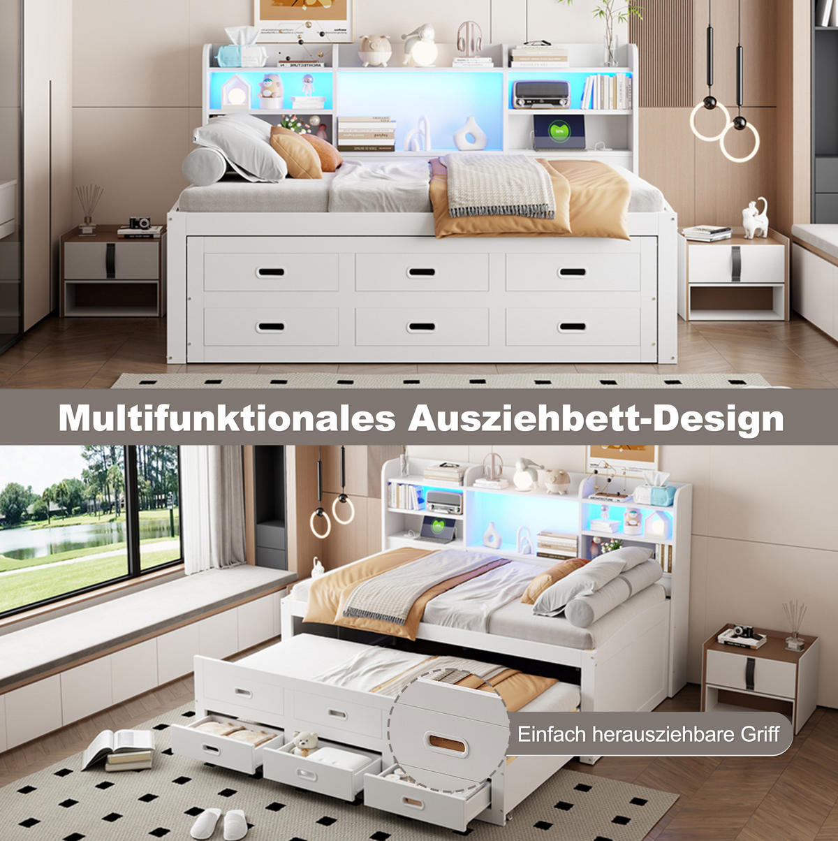 POLSTERBETT 90/200 cm Weiß aus Spanplatte und MDF mit LED und Ausziehbett - Weiß, Holzwerkstoff (90/200cm) - OKMYHOME
