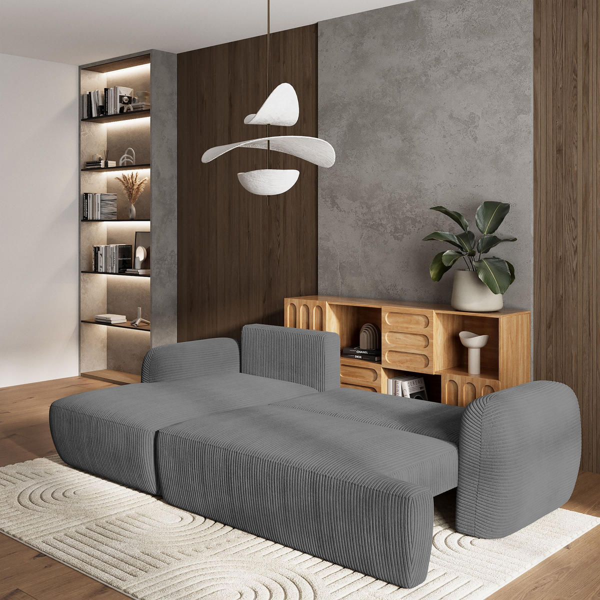 ECKSOFA MODENZA P L-S Grau Kordstoff mit Schlaffunktion - Grau, Holz (266/148cm) - MASSENO