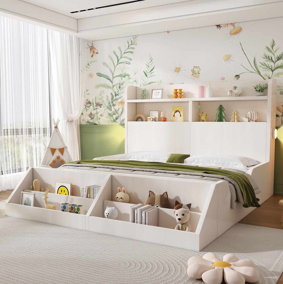 KINDERBETT aus Holz 140 x 200 cm in Weiß mit Nachtlichtern & Bücherregal - Weiß, Holz (140/200cm) - Modfu