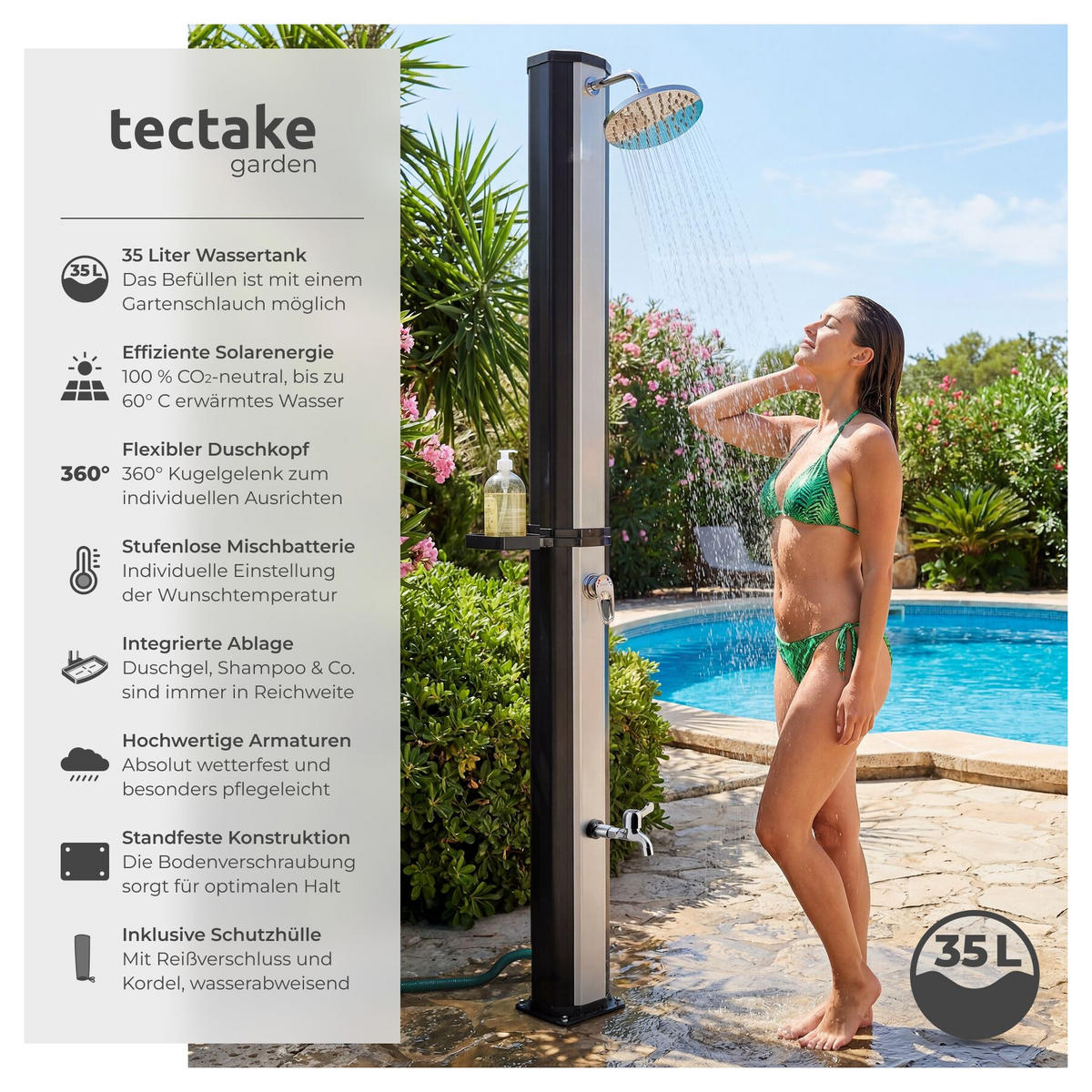 SOLARDUSCHE Ofanto, extra Wasserhahn, inklusive Schutzhülle, schwarz/silber - Silberfarben/Schwarz, Kunststoff (18/217/44.5cm) - tectake