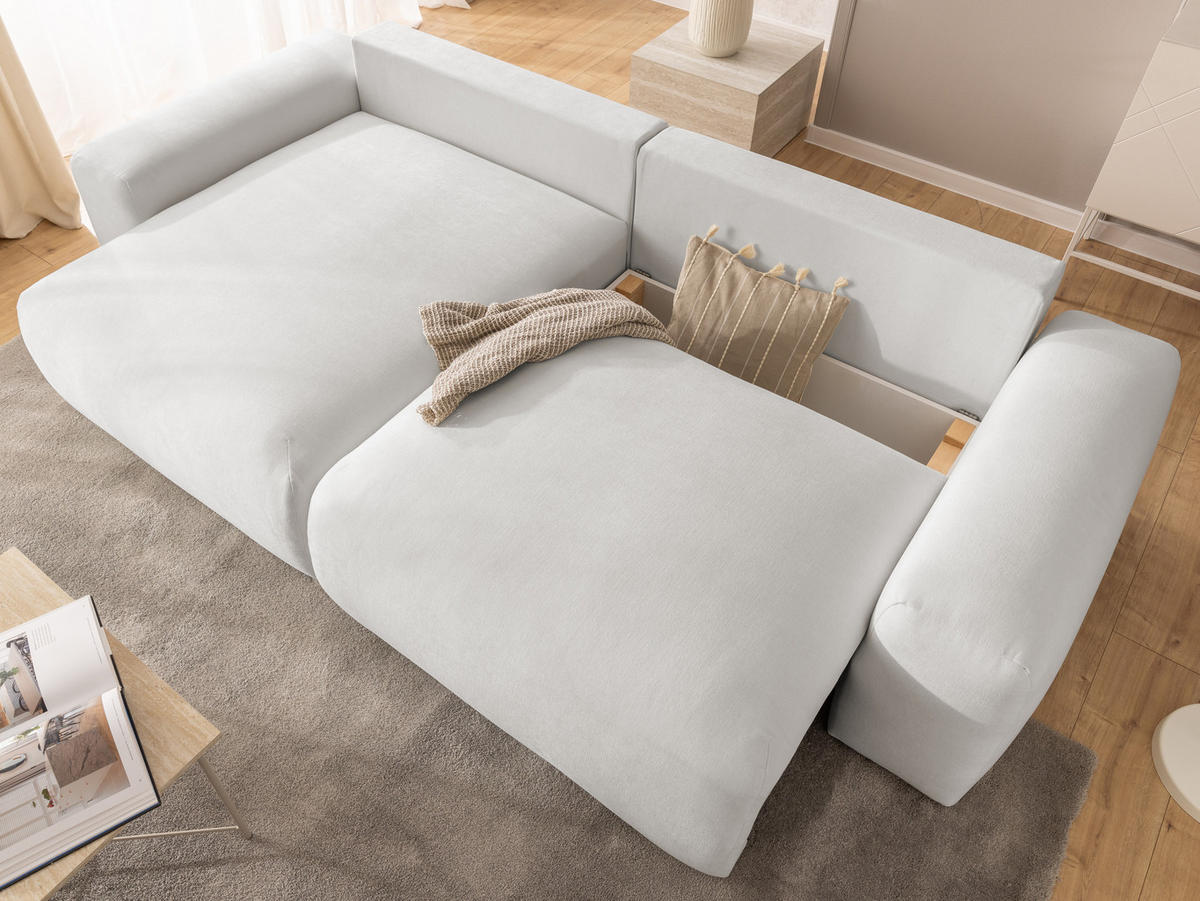 ECKSOFA Puffy mit Schlaffunktion und Bettkasten - besonders weich und puffig aus Creme Webstoff - Ottomane links - Creme/Schwarz, Holz/Kunststoff (138/266cm) - S-Style Möbel