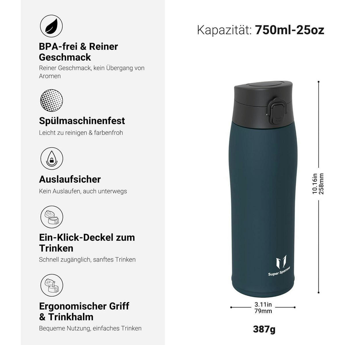 THERMOSFLASCHE Edelstahl 750 ml Jade - Petrol, Metall (7.9/7.9cm)