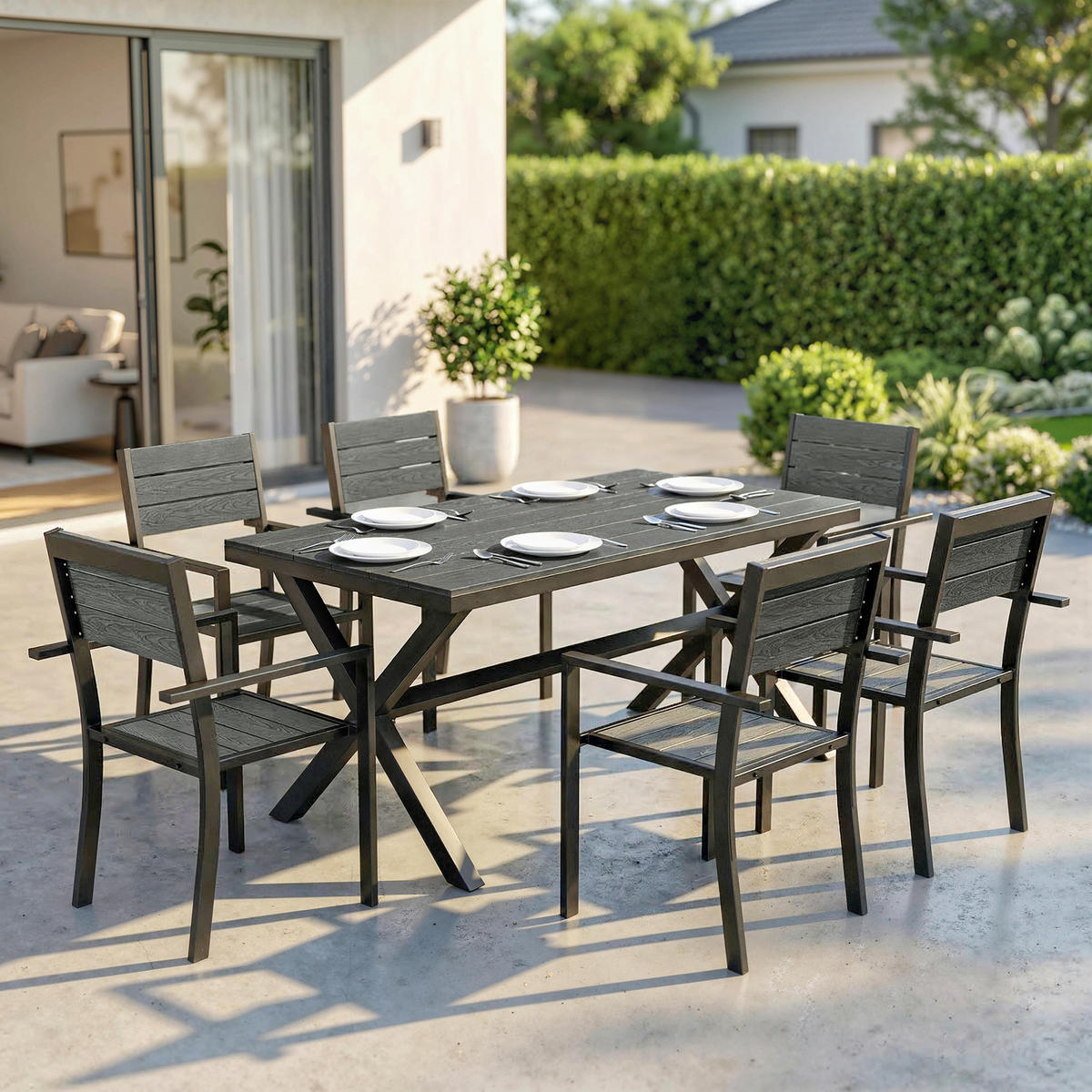 GARTENMÖBEL-SET 7-teilig,Holzoptik Latten-Tisch+6 stapelbare Stühle Alu-Rahmen,grau - Grau, Metall - Vallsero
