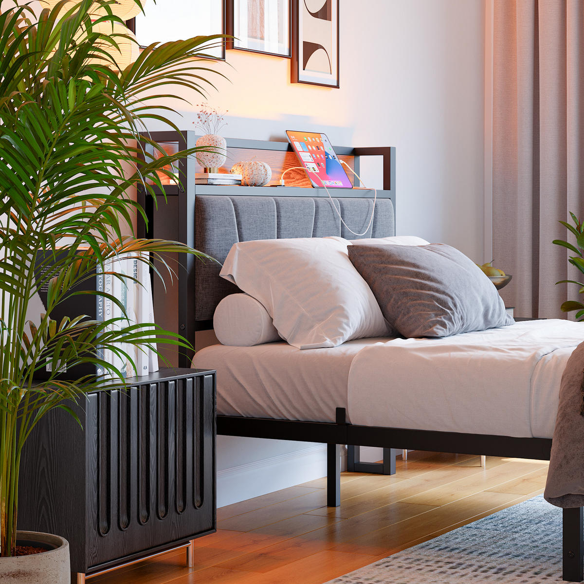 METALLBETT 120/200 cm Schwarz mit LED und USB - Schwarz, Metall (120/200cm) - Oxeza