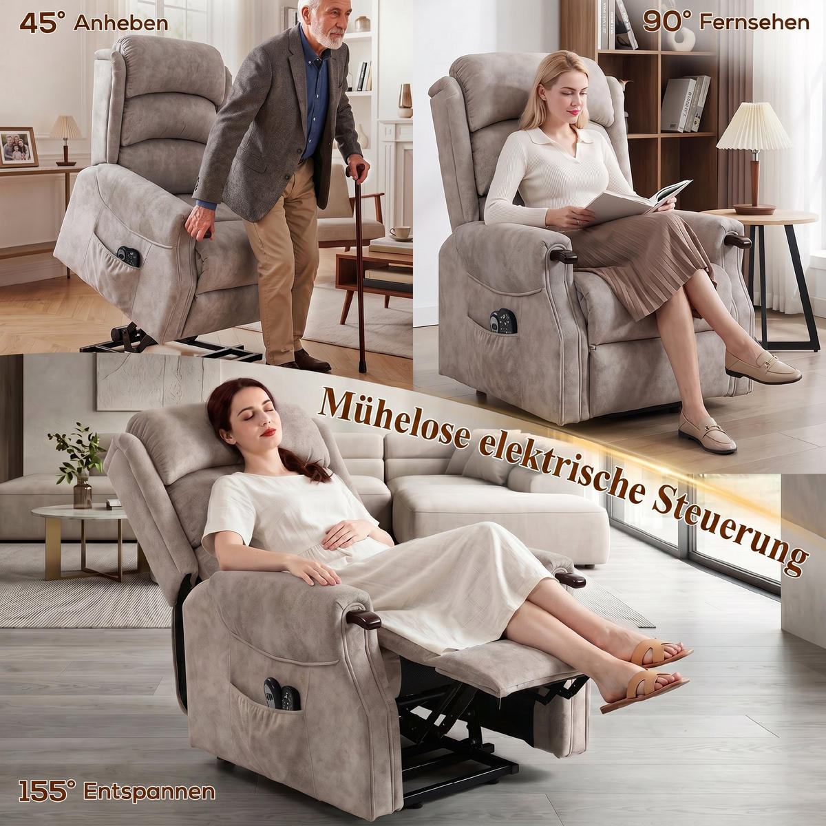 FERNSEHSESSEL-MIT-AUFSTEHHILFE Polyester Metall Hellgrau - Hellgrau/Naturfarben, Holz/Textil (79/111/93cm) - HOMCOM