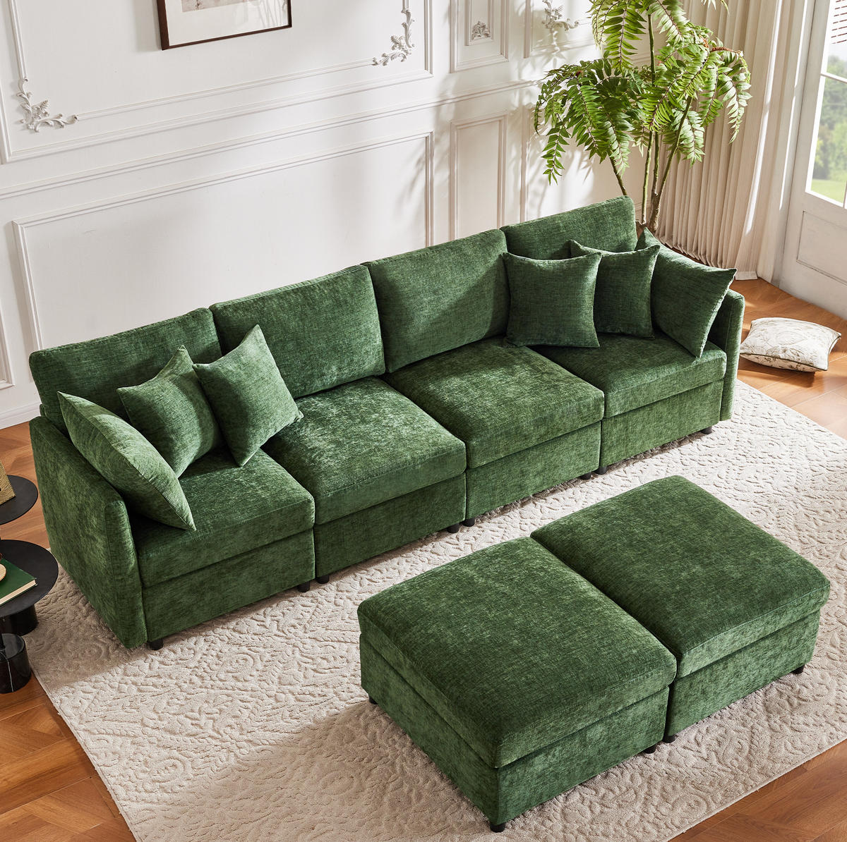 SOFA modular 278x161 cm Chenille Green mit 2 Hockern und 6 Kissen - Grün, Holzwerkstoff (161/81/278cm) - Meubliv