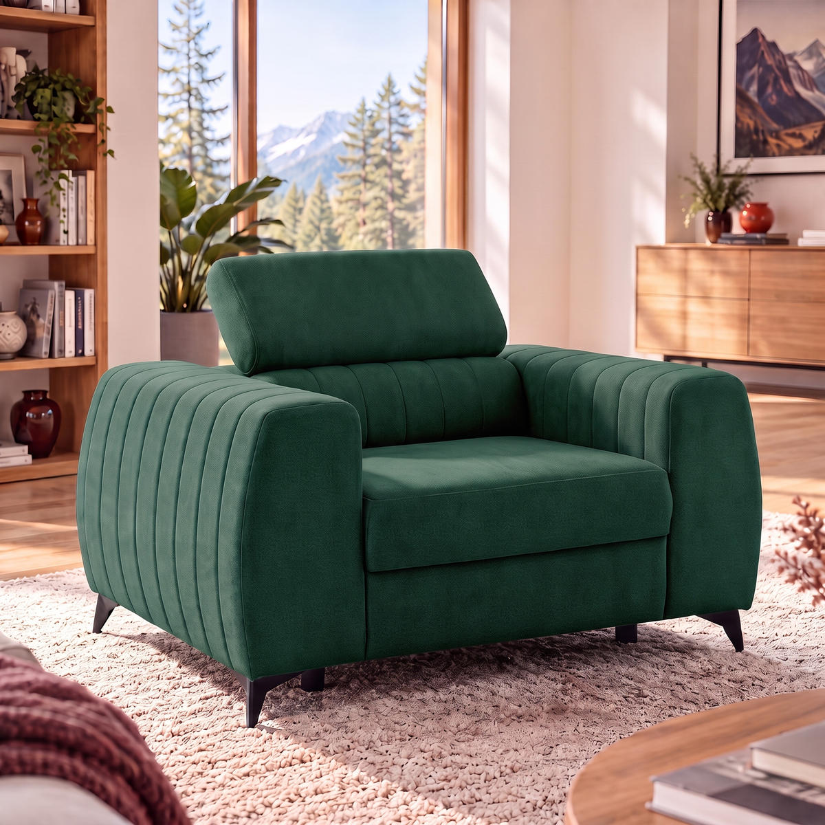 SESSEL PIERO mit verstellbare Kopfstütze Velours Dunkelgrün - Dunkelgrün/Schwarz, Holz/Textil (130/90/100cm) - Muffo