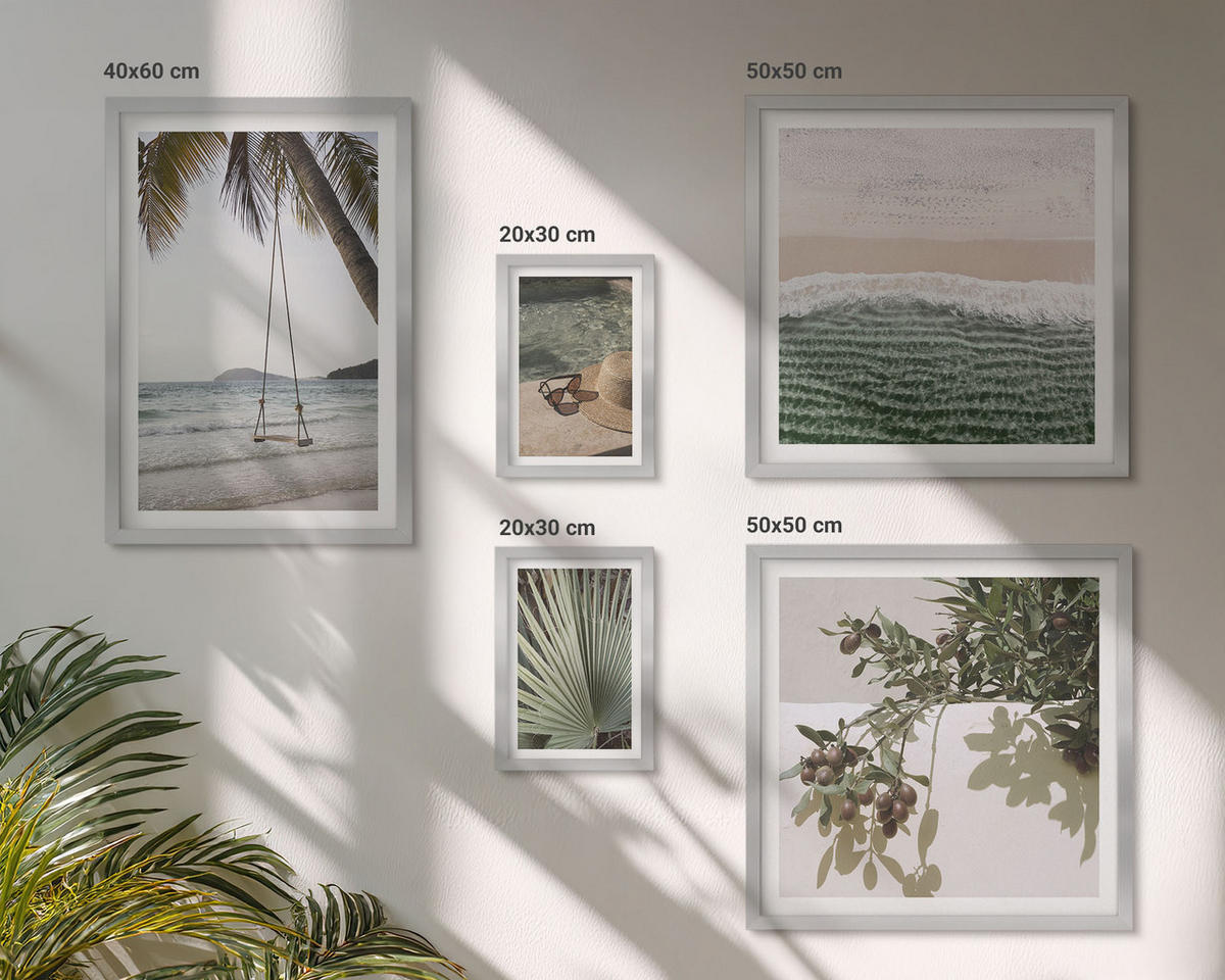 BILDER SET 5er Set - 50x50 cm & 20x30 cm & 40x60 cm Silberner Rahmen - Strandschaukel-Blätterurlaub - Silberfarben, Kunststoff (40/60cm) - TULUP