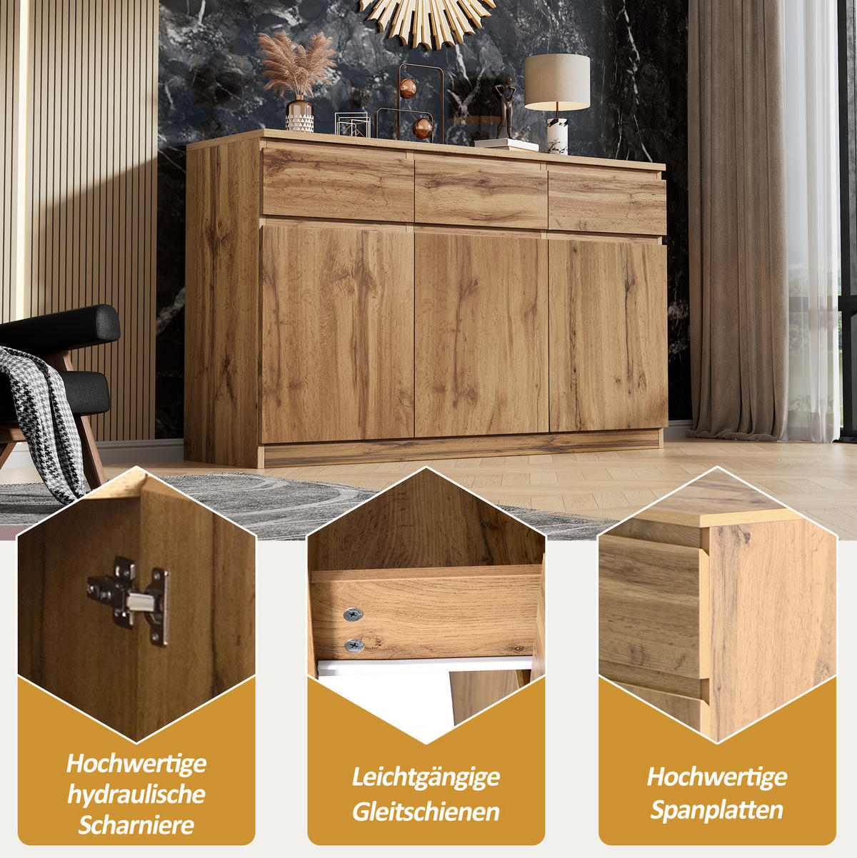 SIDEBOARD 135/40/81 cm mit 3 Türen, 3 Schubladen und verstellbaren Einlegeböden aus Spanplatte, Naturholzfarben - Naturfarben, Holzwerkstoff (135/81/40cm) - Redom