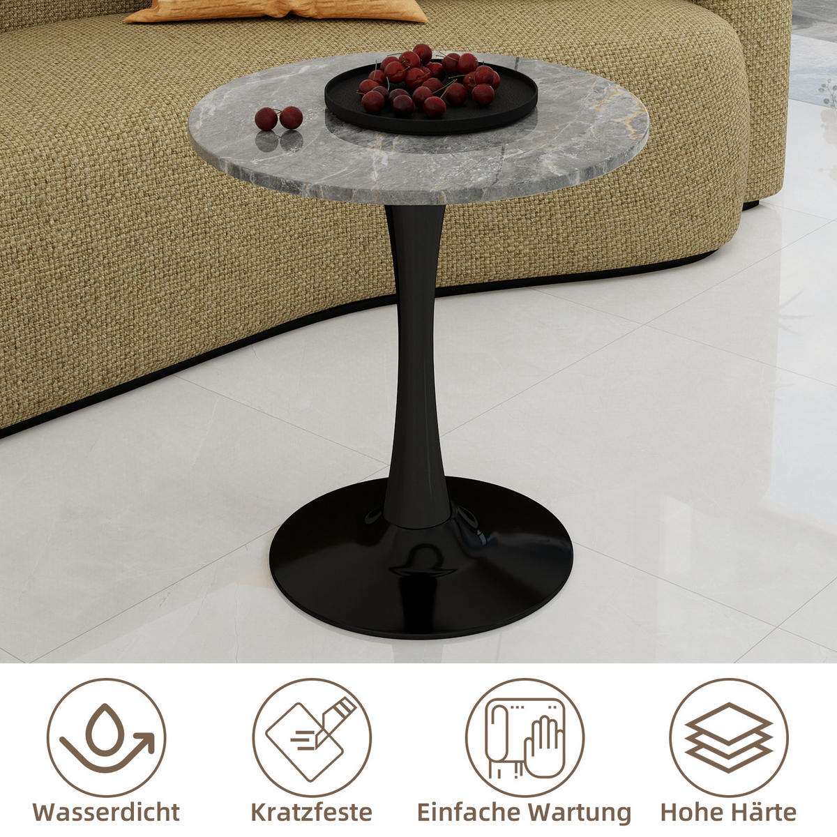 COUCHTISCH 70/70/72 cm Schwarz Grau mit runder Kunstmarmorplatte minimalistisches Design - Grau, Stein (70/70/72cm) - OKWISH