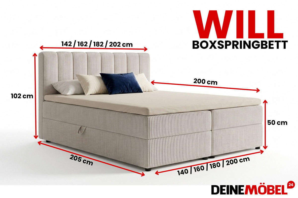 BOXBETT WILL 140/200 in Cord Ecru H3 - Ecru, Holz/Holzwerkstoff (140/200cm) - Deine Möbel 24