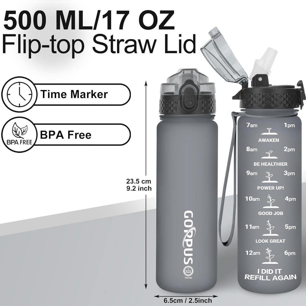 TRINKFLASCHE mit Strohhalm 500 ml Grau - Grau, Kunststoff (6.5/23.5cm)