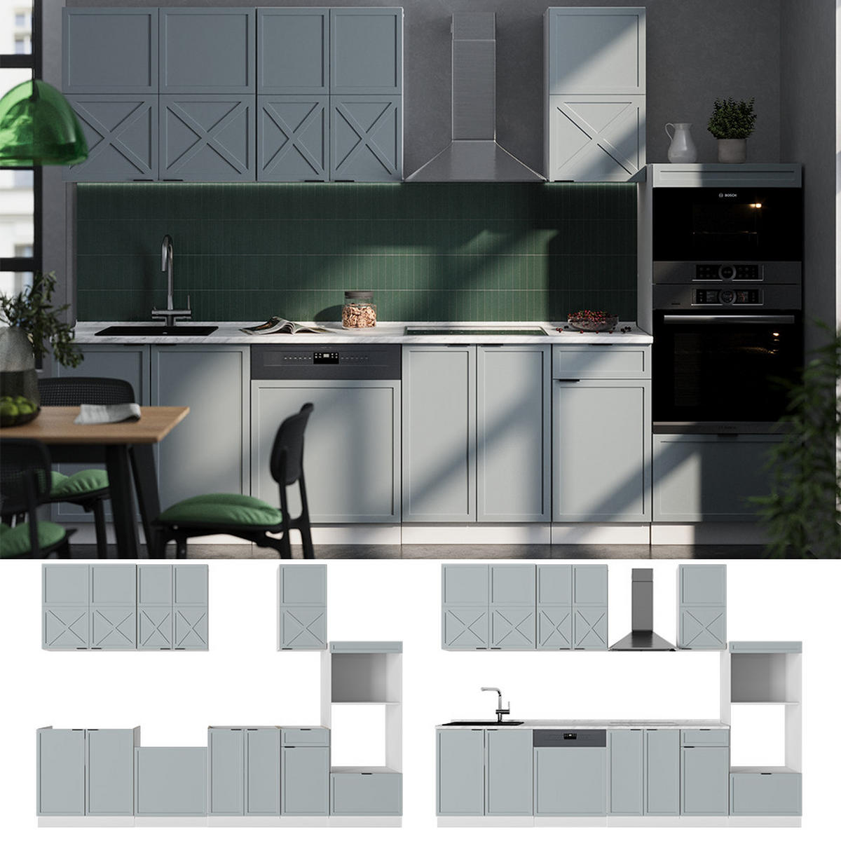 KÜCHENZEILE Fame-Line Hellblau-grau/Weiß 300 cm mit Hochschrank ohne AP - Blaugrau/Weiß, Holzwerkstoff (300/81.6/46cm) - Vicco