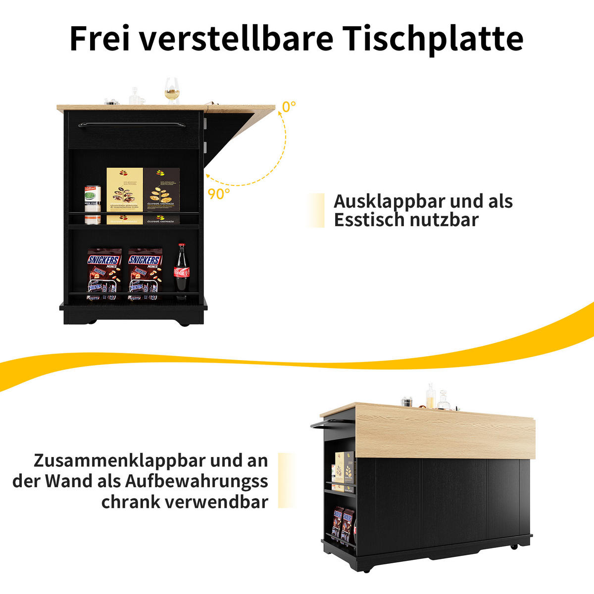 KÜCHENINSEL 151,5/60/91,7 cm aus MDF, Metall und Glas mit klappbarer Tischplatte Schwarz/Natur - Schwarz, Holzwerkstoff (151.5/91.7/85cm) - Modenvie