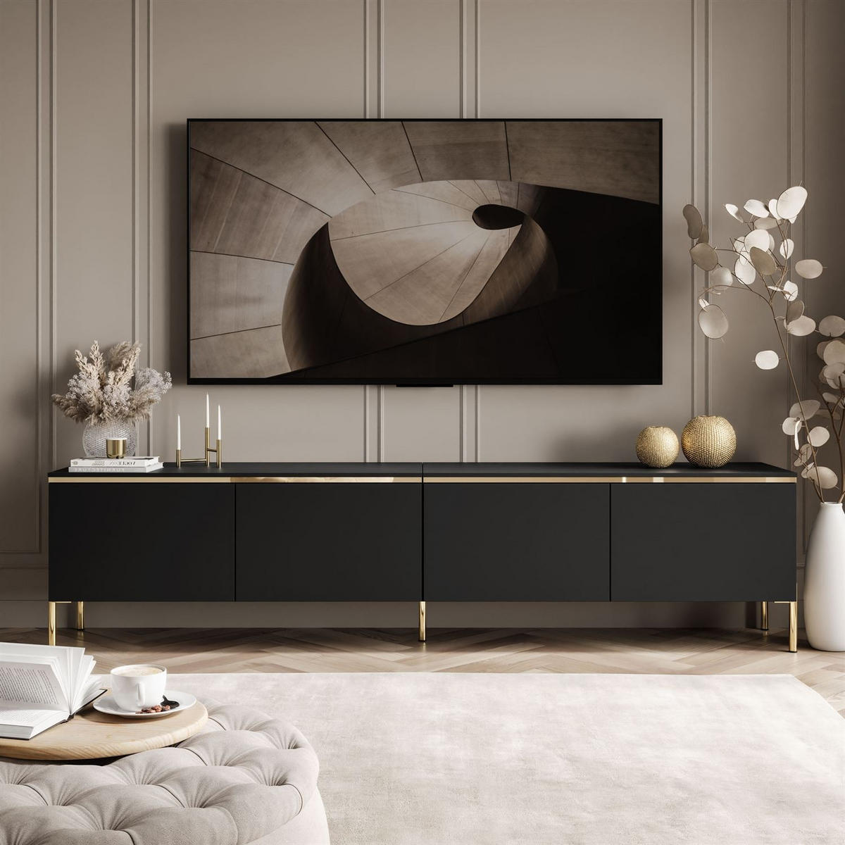 TV-SCHRANK CELINE 200 cm schwarz matt auf gerade goldenen Füßen - Schwarz, Holzwerkstoff (200/49/40cm) - Lookway